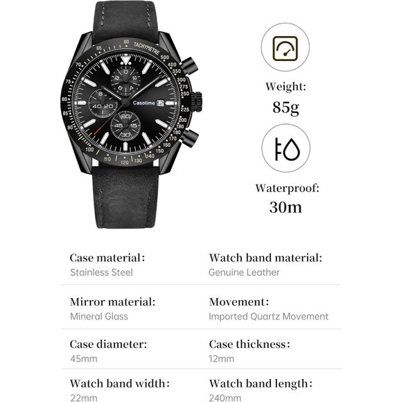 ⚡Men's Leather Watches Chronograph Analog Quartz Date Wrist Watch 30M Waterproof - Picture 7 of 7